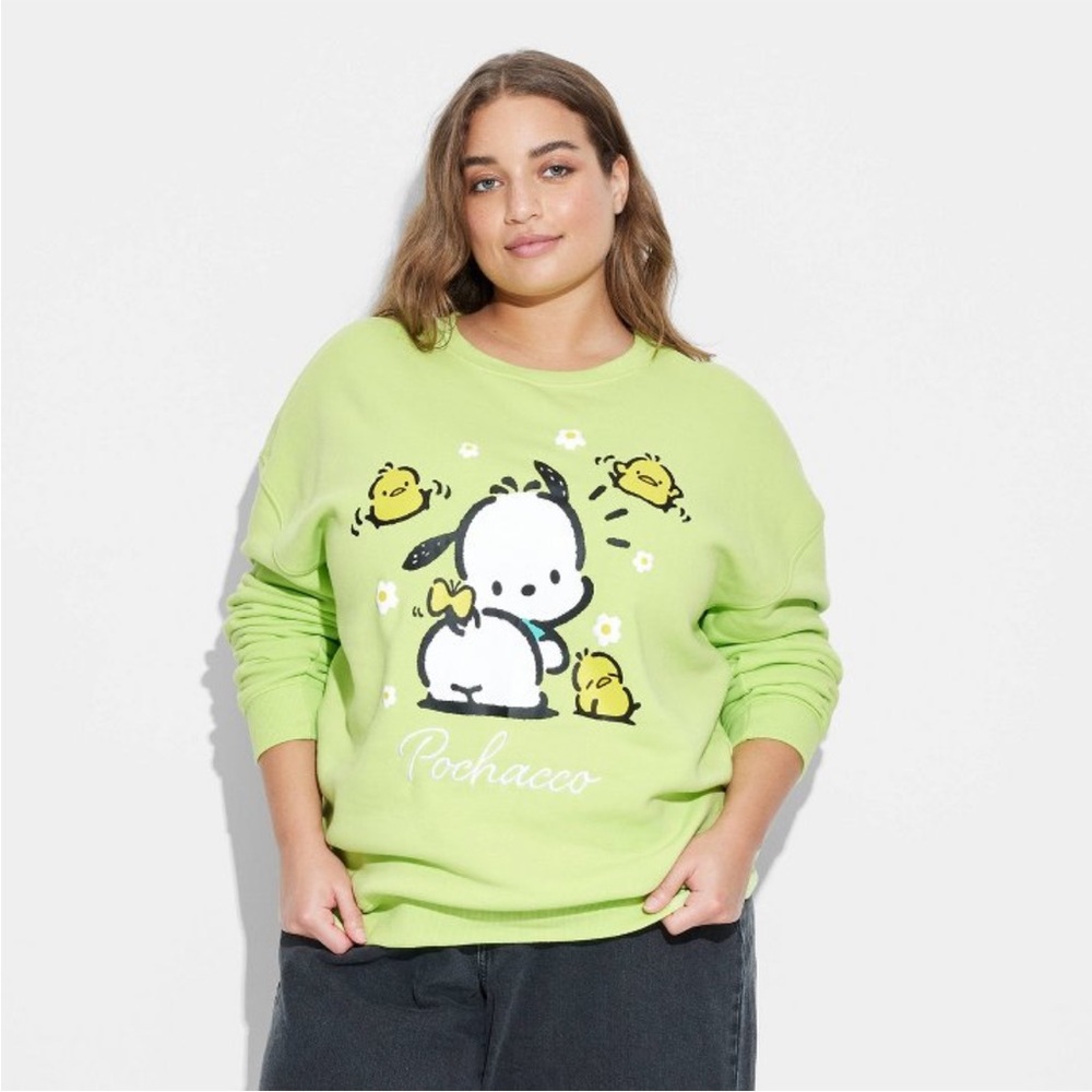 Lime Green Pochacco Sweatshirt Women’s Size XS NWT P2P 18 embroidered detail - Picture 5 of 6